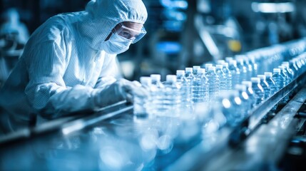 A worker in protective clothing inspects bottled water on a production line in a modern, sterile factory environment