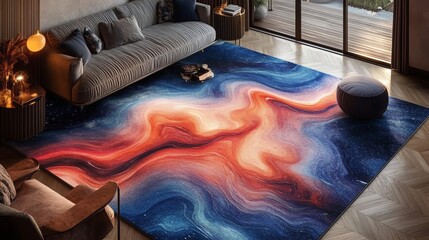 Vivid Abstract Galaxy Style Area Rug in Modern Living Room with Sofa and Large Window