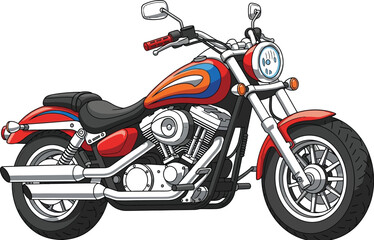 Cartoon motorcycle illustration features a red and silver color scheme design.