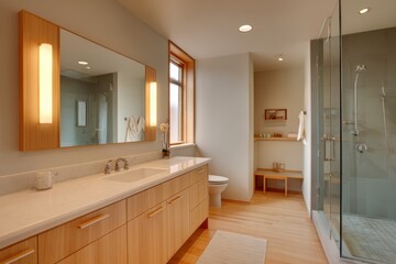 Modern bathroom with wood accents, double sink vanity, glass shower, large mirror, and natural light from a window