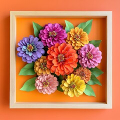 Colorful paper flowers arranged in a decorative display.