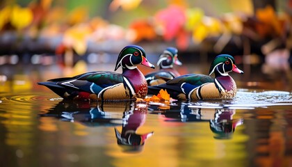 Colorful ducks on a pond in autumn