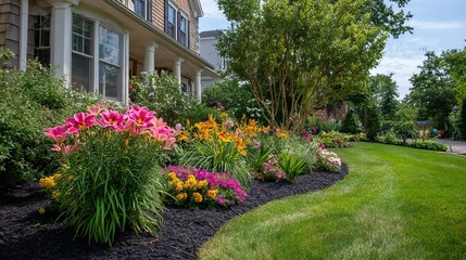 Obraz premium Lush flower garden with vibrant blooms and manicured lawn in a sunny suburban setting.