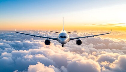 Airplane soaring above fluffy clouds at sunrise (1)