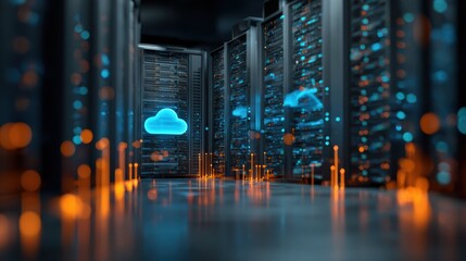 A modern data center with glowing servers and a digital cloud icon, representing cloud computing and advanced technology infrastructure