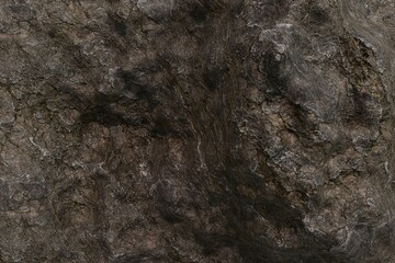 rough-textured rock surface with varying shades of brown and gray, showing natural weathering and irregular patterns.  Small pits and fissures are visible throughout the uneven surface