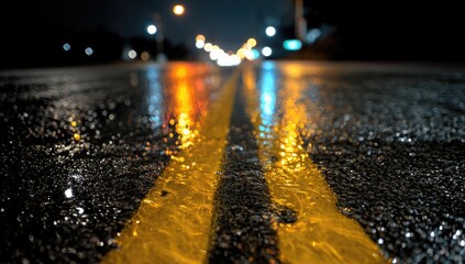 Wet asphalt road at night, reflecting blurred city lights, showcasing yellow lane markings with raindrops