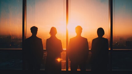 Four business people in silhouette stand by a large window, watching a city sunset, creating a professional and inspirational atmosphere