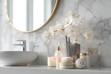 White orchids in a gray vase adorn a modern bathroom vanity, alongside soaps, candles, and a lotion dispenser, all on a marble countertop