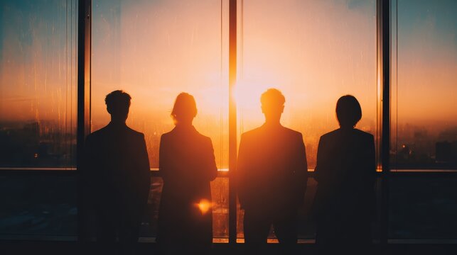 Four business people in silhouette stand by a large window, watching a city sunset, creating a professional and inspirational atmosphere