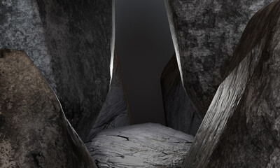 abstract composition featuring towering, textured stone formations creating a narrow, shadowy...