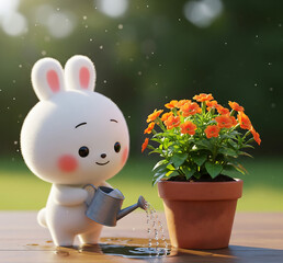 Adorable Bunny Watering Orange Flowers