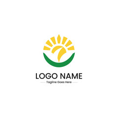Vector art of a logo design with a stylized sun and green leaves
