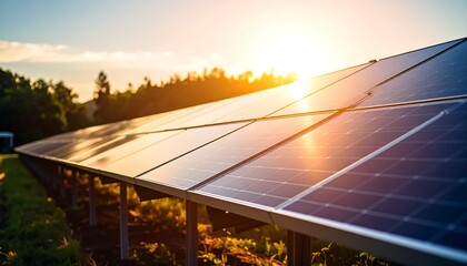 Fototapeta premium Solar panels at sunset