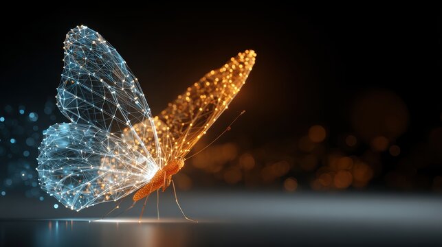 A digital butterfly with glowing, wireframe wings in blue and orange hues stands out against a dark, blurred background