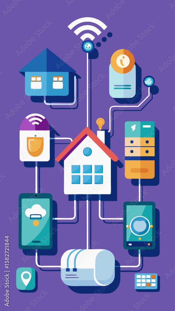Aufkleber a house with many smart devices connected to wifi. the house is connected to the internet and has a 