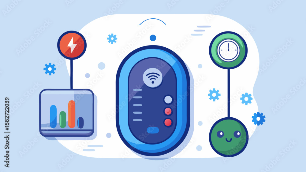 Poster a robot with a remote control and a water bottle. the robot is on a blue background. the robot is a 