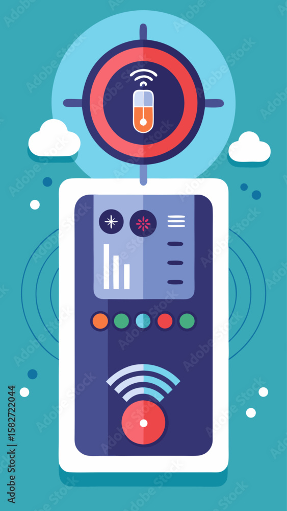 Poster a robot with a remote control and a water bottle. the robot is on a blue background. the robot is a 