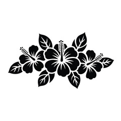 Black and white stylized hibiscus flowers and leaves design element