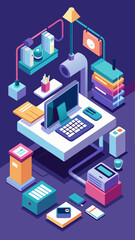 A vibrant and colorful drawing of a desk with various items such as a computer, a book, a calculator, and a clock. The desk is surrounded by a blue background, giving the scene a lively