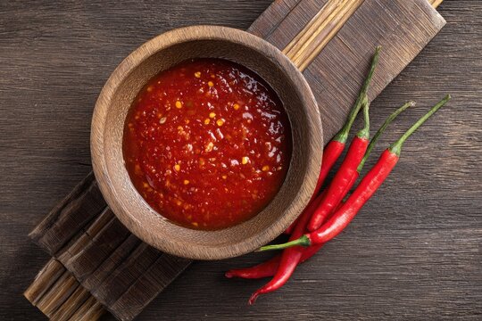 A dark wooden bowl filled with vibrant red chili sauce sits beside several fresh red chilies on a dark wooden surface with bamboo placemats - Powered by Adobe