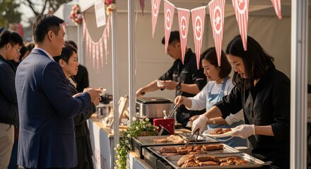 Asian woman serving fried food at outdoor market food stall