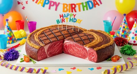 birthday cake shaped like a steak with colorful party decorations