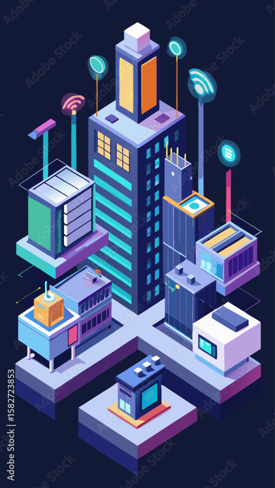 Poster a cityscape with buildings and a network of wires connecting them. concept of connectivity and the i