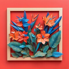 Colorful floral arrangement in a wooden frame.