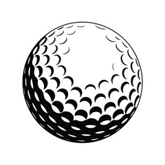 Black and white graphic illustration of a golf ball with dimples