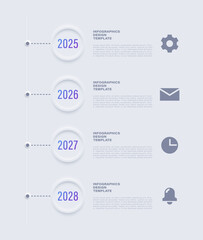 Timeline infographic vertical design template. Four options infographic layout in neumorphism style