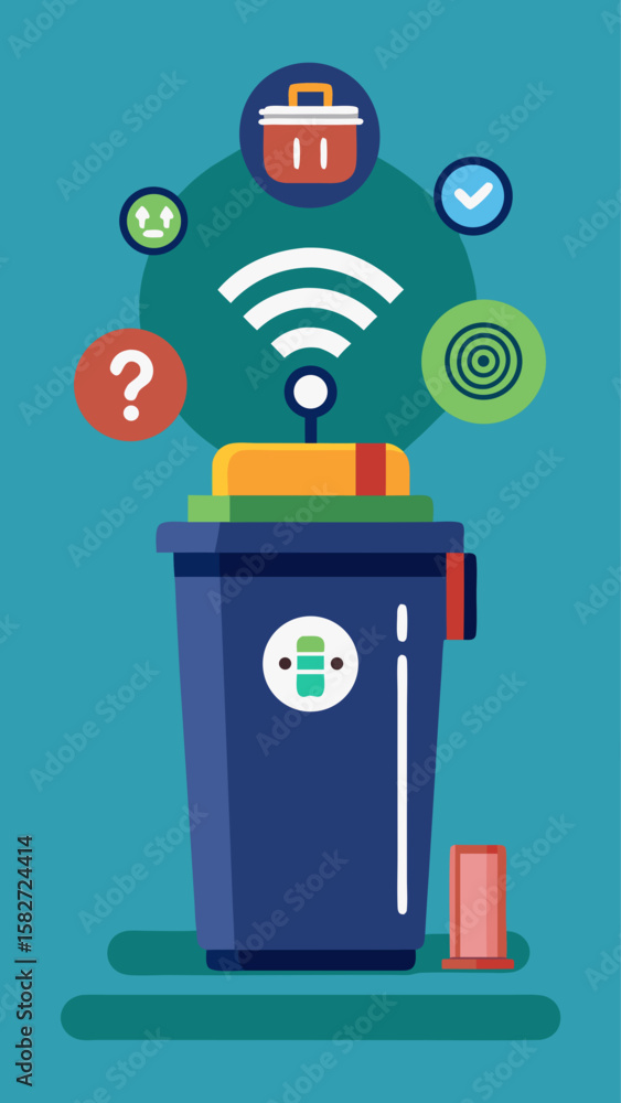 Poster a blue trash can with wifi is shown with a box and a suitcase. the trash can is connected to a wifi 