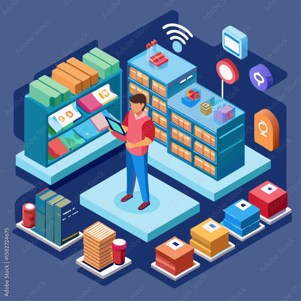 Poster a man is standing in a store with a tablet in his hand. the store is filled with books and other ite