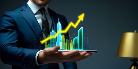 A businessman in a dark suit with a holographic display of digital financial graphs