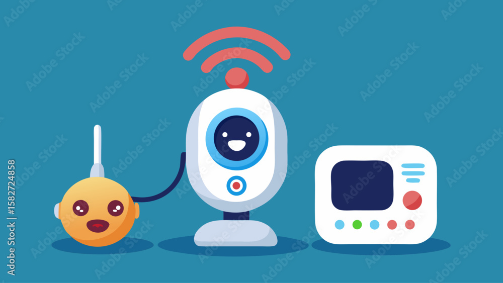 Poster a robot is holding a remote control and a small device. the robot is smiling and the remote control 