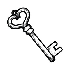 Vintage heart shaped key illustration in black and white with a white background