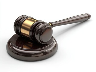 A wooden judge's gavel with a gold band rests on a matching sound block, symbolizing justice and legal authority