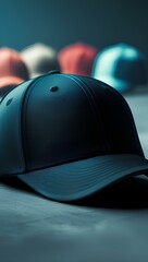 A black baseball cap resting on a flat surface