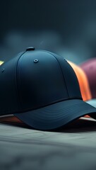 A black baseball cap resting on a flat surface
