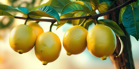 A close-up of fresh, ripe lemons hanging from a tree branch with lush green leaves