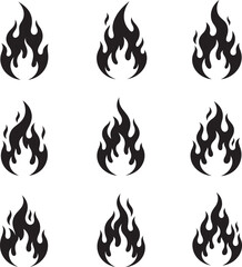 A vibrant collection of burning fire flame icons, symbols, and vector illustrations in hot orange, red, and yellow hues depicting warmth, power, and danger