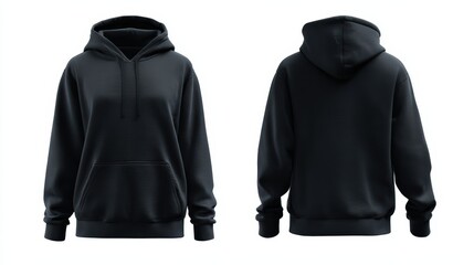 A plain black hoodie is displayed from the front and back on a white background, highlighting its casual and versatile design