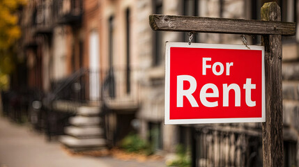 Red sign displaying "For Rent" stands prominently outside a residential building, showcasing urban living opportunities in a vibrant neighborhood with charming architecture