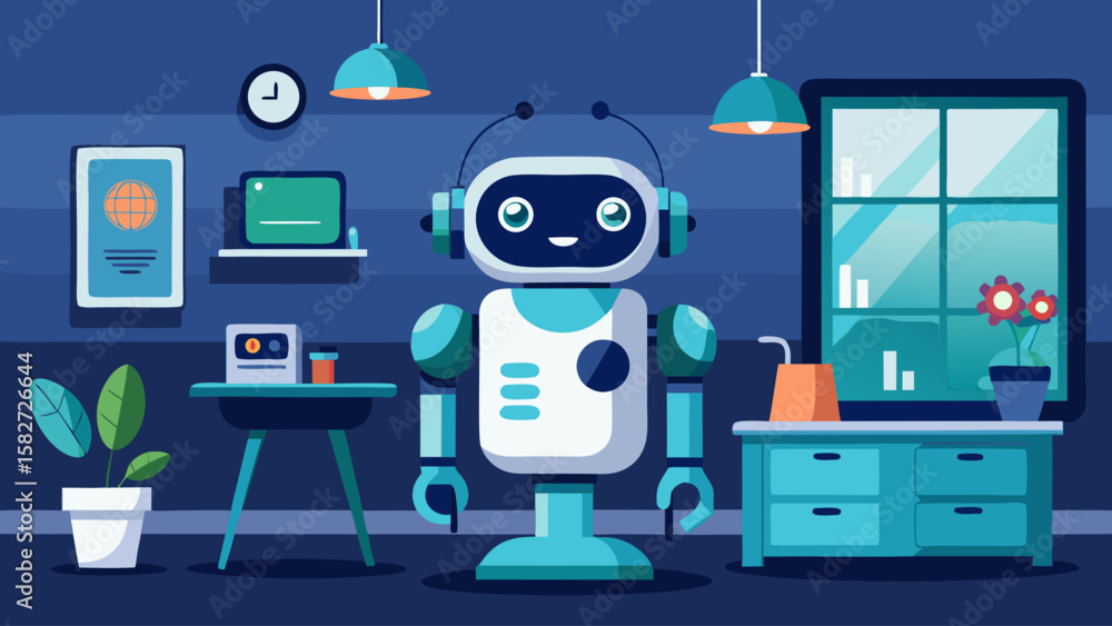 Poster a robot is standing in a room with a clock on the wall. the robot is smiling and he is happy. the ro