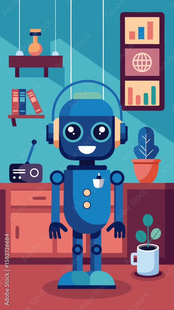 Poster a robot is standing in a room with a clock on the wall. the robot is smiling and he is happy. the ro