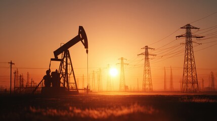 Oil pumpjack and power lines silhouetted against a dramatic orange sunset in an industrial landscape
