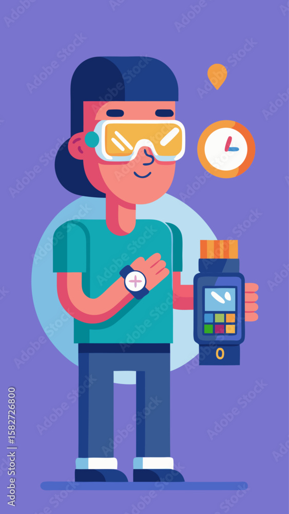 Poster a man is wearing a smart watch and a pair of virtual reality goggles. he is smiling and he is enjoyi