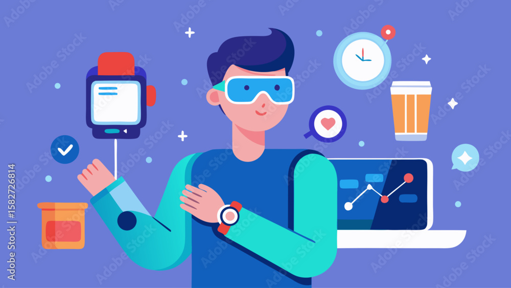 Poster a man is wearing a smart watch and a pair of virtual reality goggles. he is smiling and he is enjoyi