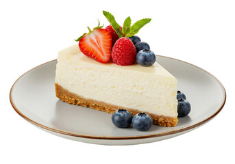 A perfectly cut slice of classic cheesecake, white background isolated