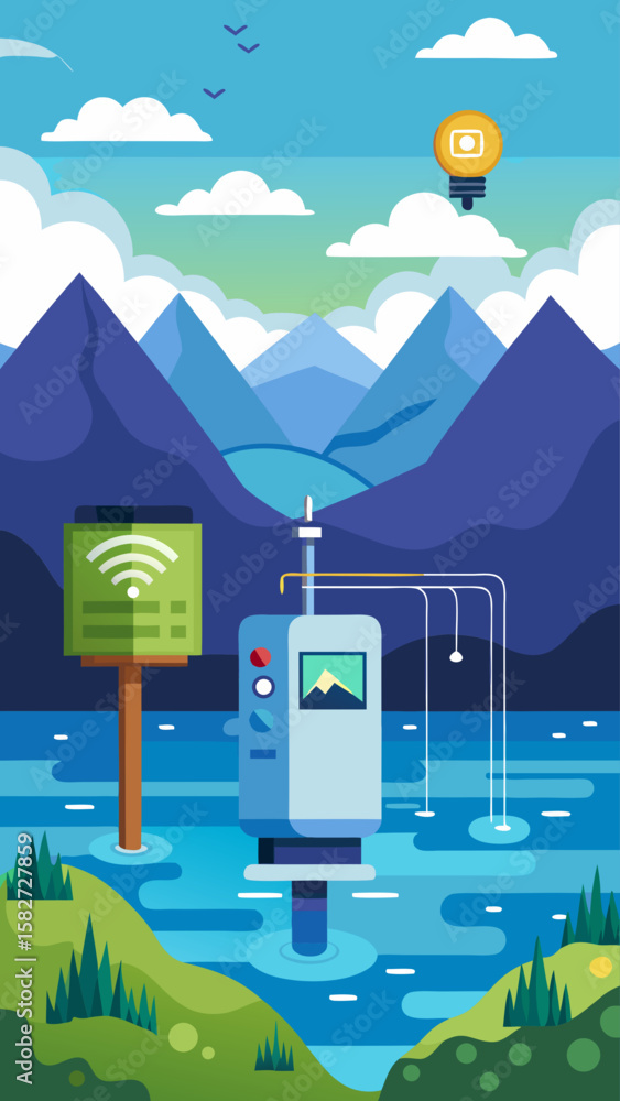 Poster a drawing of a water system with mountains in the background. the drawing is colorful and has a sens